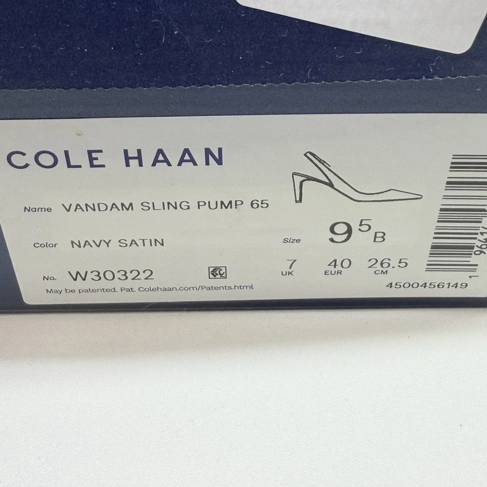 Cole Haan Vandam Sling 65 Navy Satin Pointed Toe Kitten Heeled Pumps Sz 9.5 - Picture 11 of 11